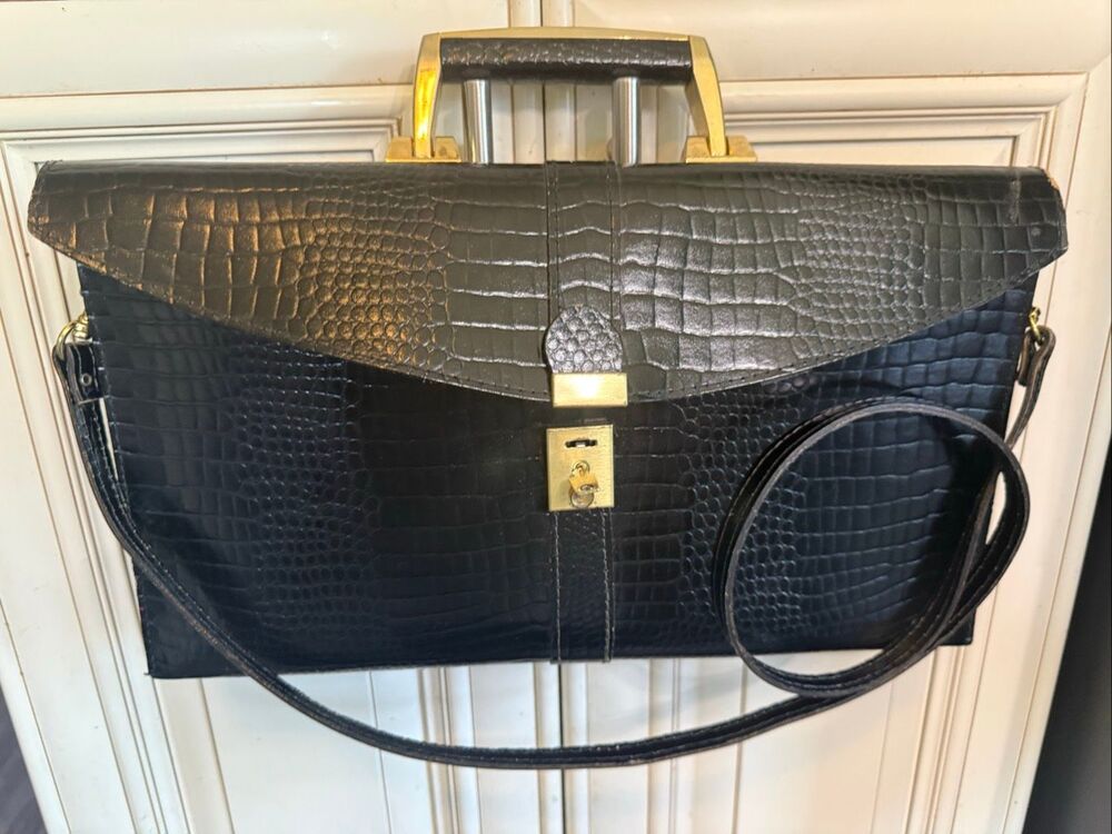 Vintage Sudhaus Gator Croc Embossed Attache Briefcase Document Bag Black Large